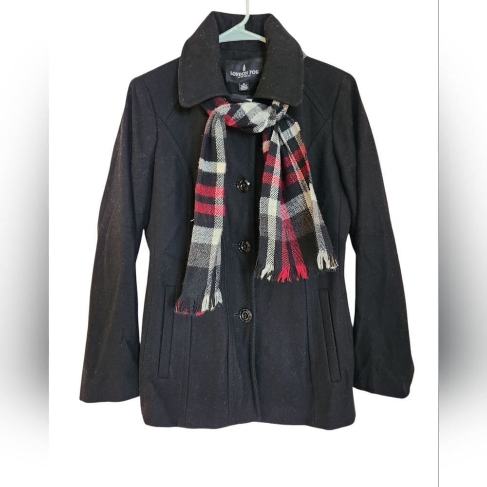 LONDON FOG Women's Single-Breasted Wool‎ Peacoat with Scarf Small Black Jacket
